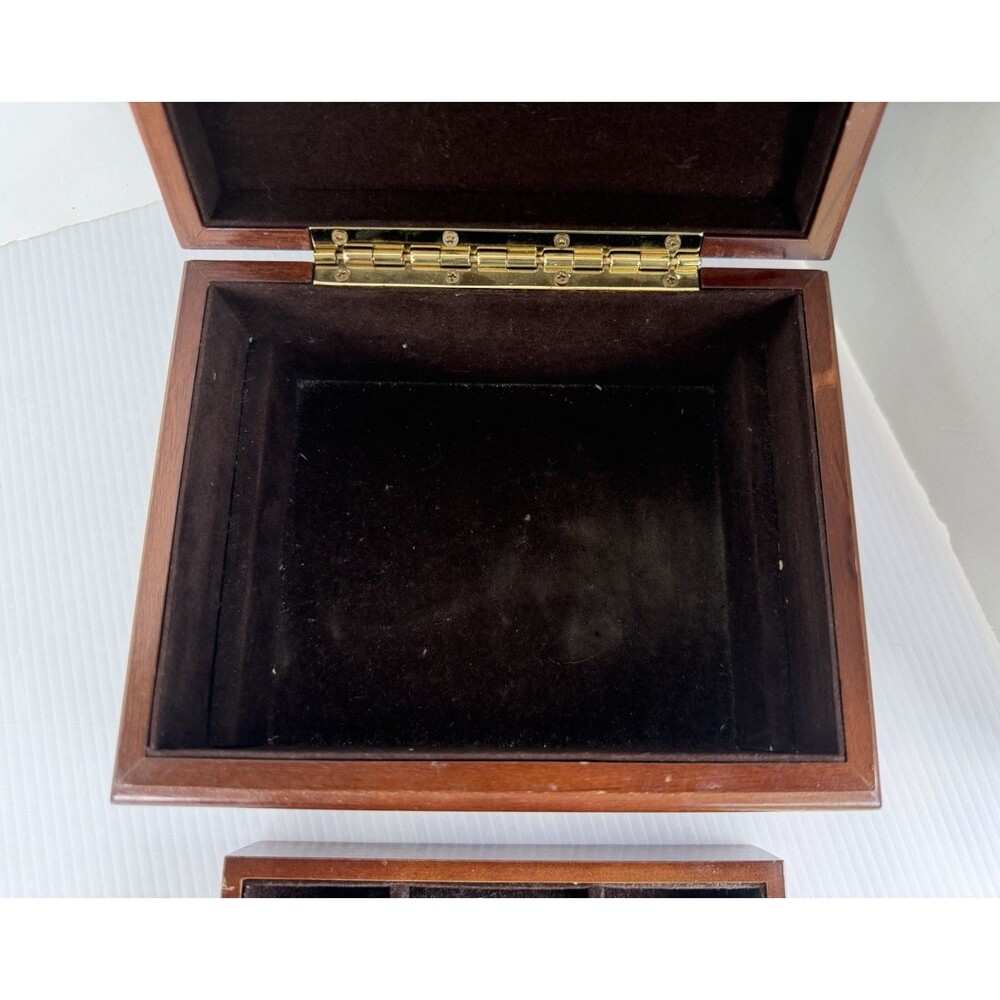 Vintage Wooden Jewelry Box 2 Tier Removable Tray Ring Storage Velvet Lined 7” - Picture 5 of 15